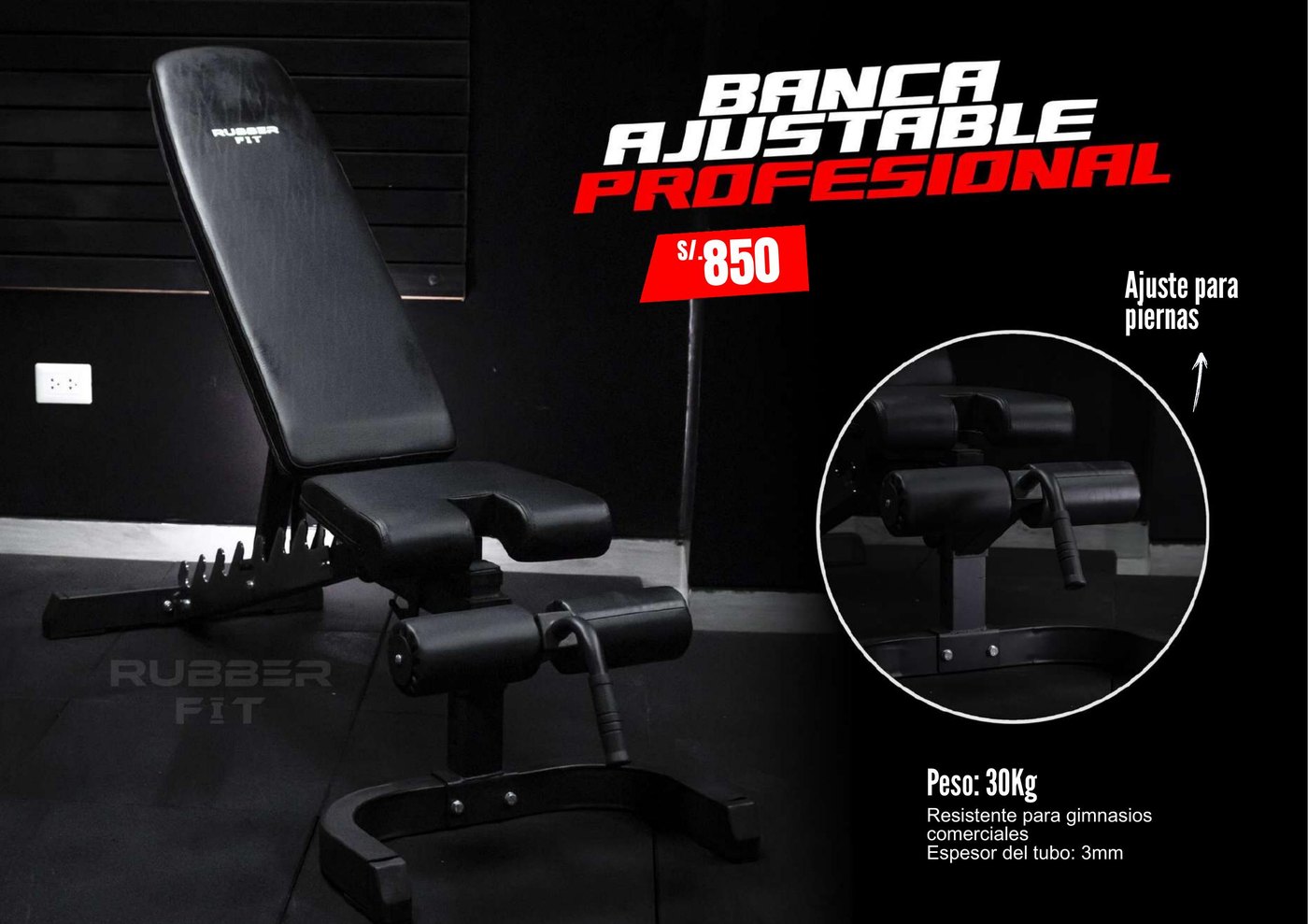 Banca ajustable profesional Rubber Fit, tubo de 3 mm y 30 kg